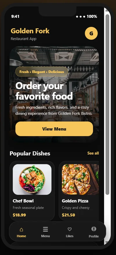 Exemple de design d’application restaurant Golden Fork
